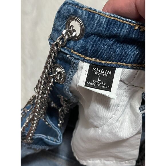 SHEIN High Waisted Chain Lace Up Jeans sz L mom jeans baggy denim - Picture 6 of 7